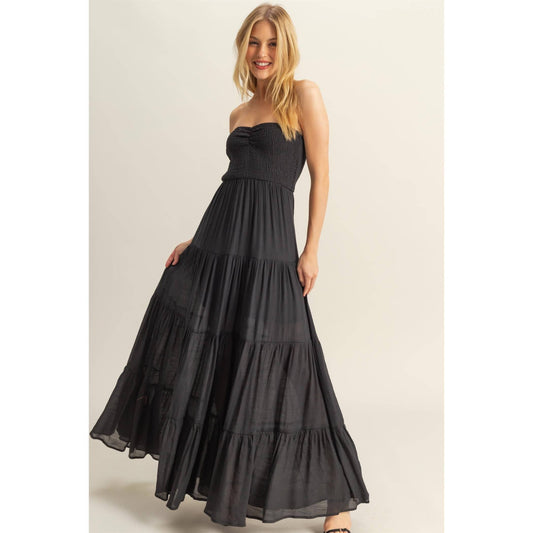 Strapless Ruched Bust Tiered Maxi Dress
