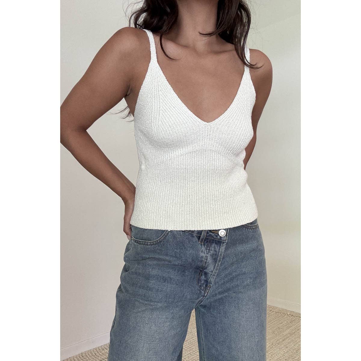 Cream Knit V Neck Spaghetti Strap Cami