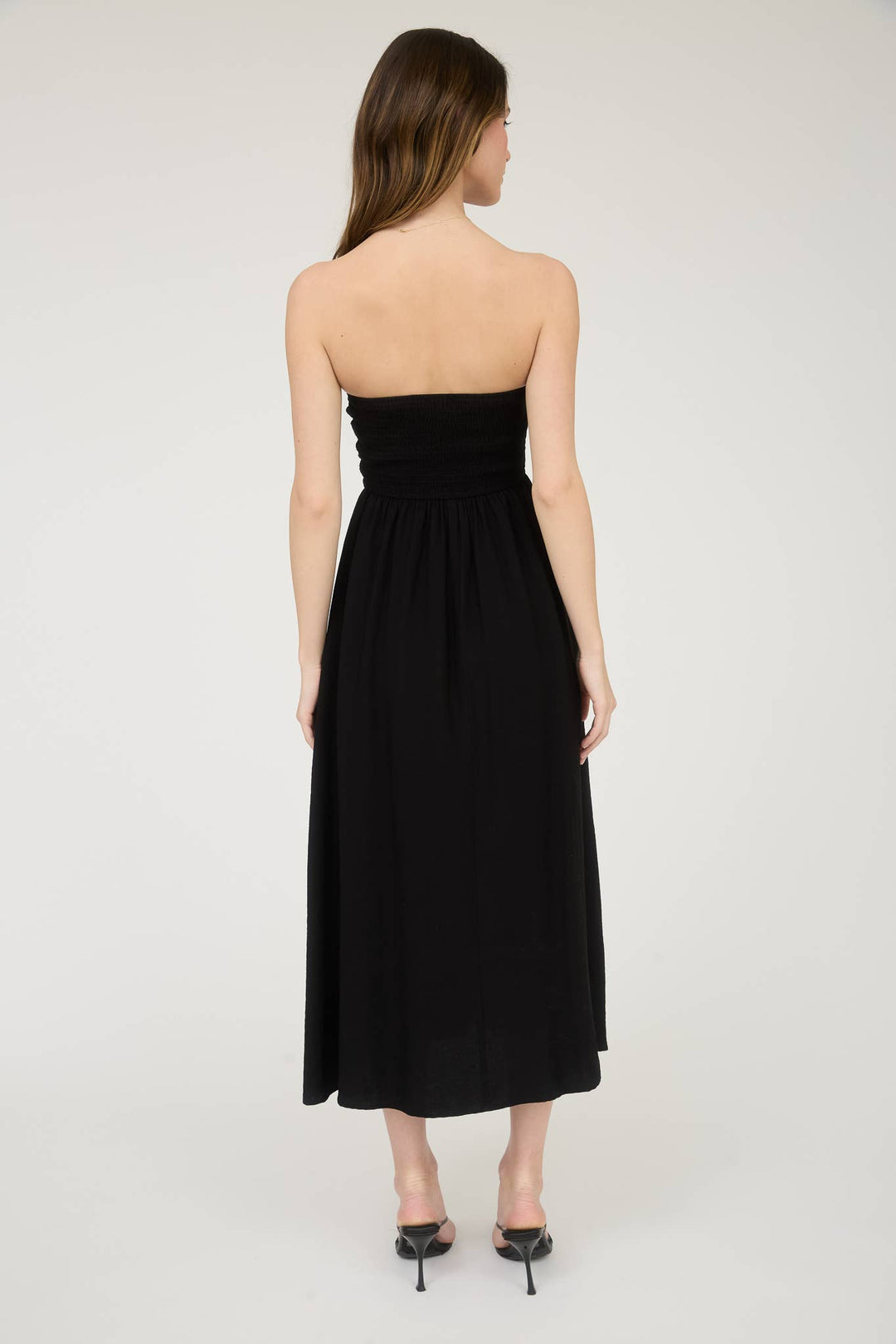 Black Pleated Bodice Strapless Midi Dress