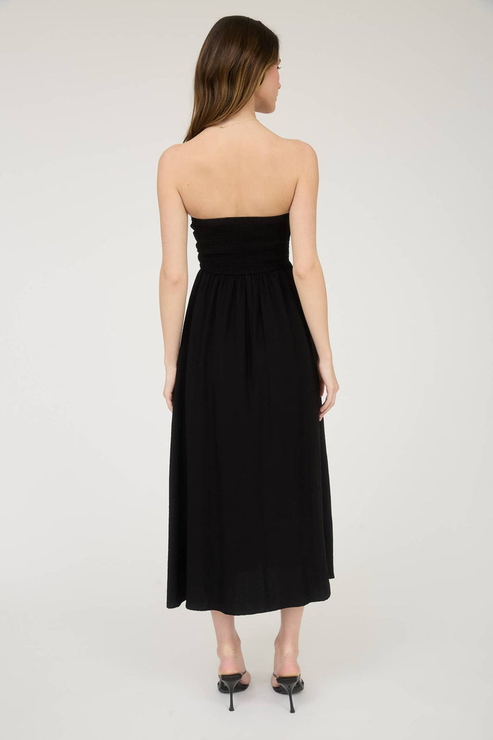 Black Pleated Bodice Strapless Midi Dress