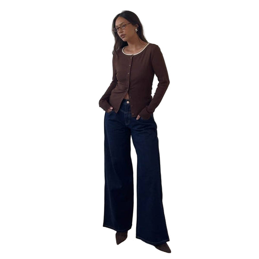 Brown and White Contrast Neck Edge Detail Cardigan