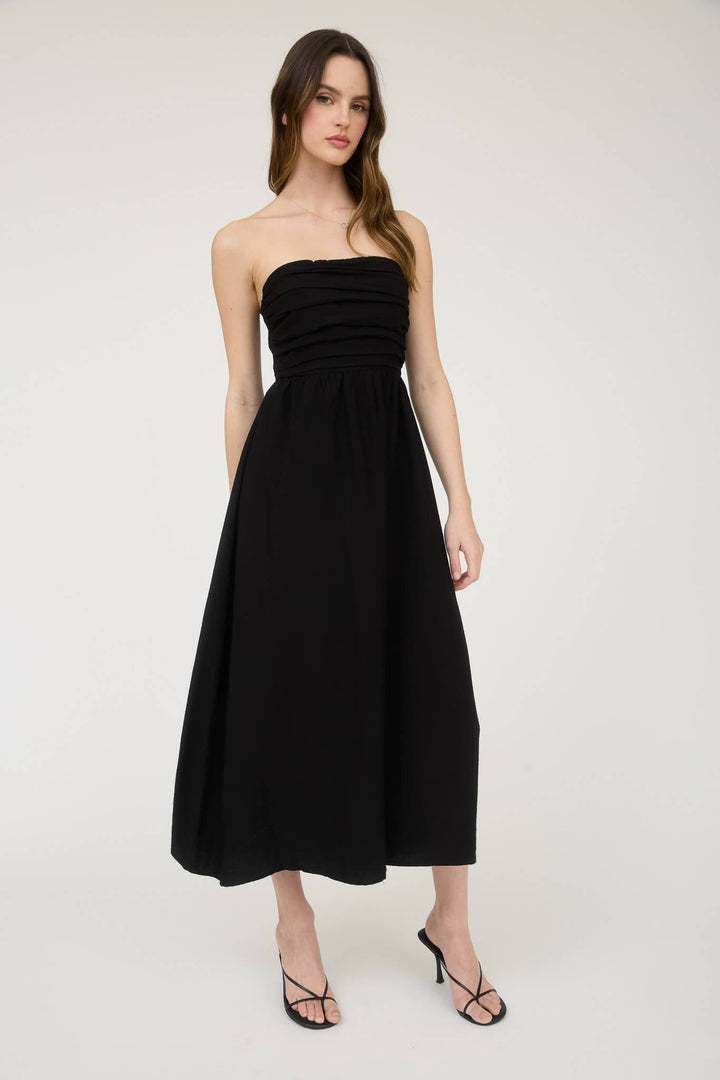 Black Pleated Bodice Strapless Midi Dress
