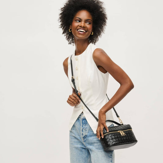 Black Woven Top Handle Crossbody Handbag