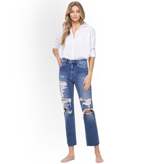 Distressed High Rise Ankle Relaxed Straight