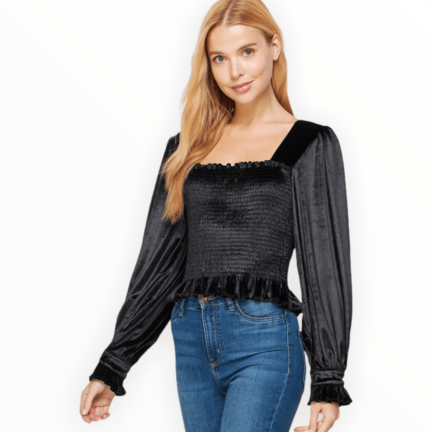 Velvet square neck smocked puff sleeve top
