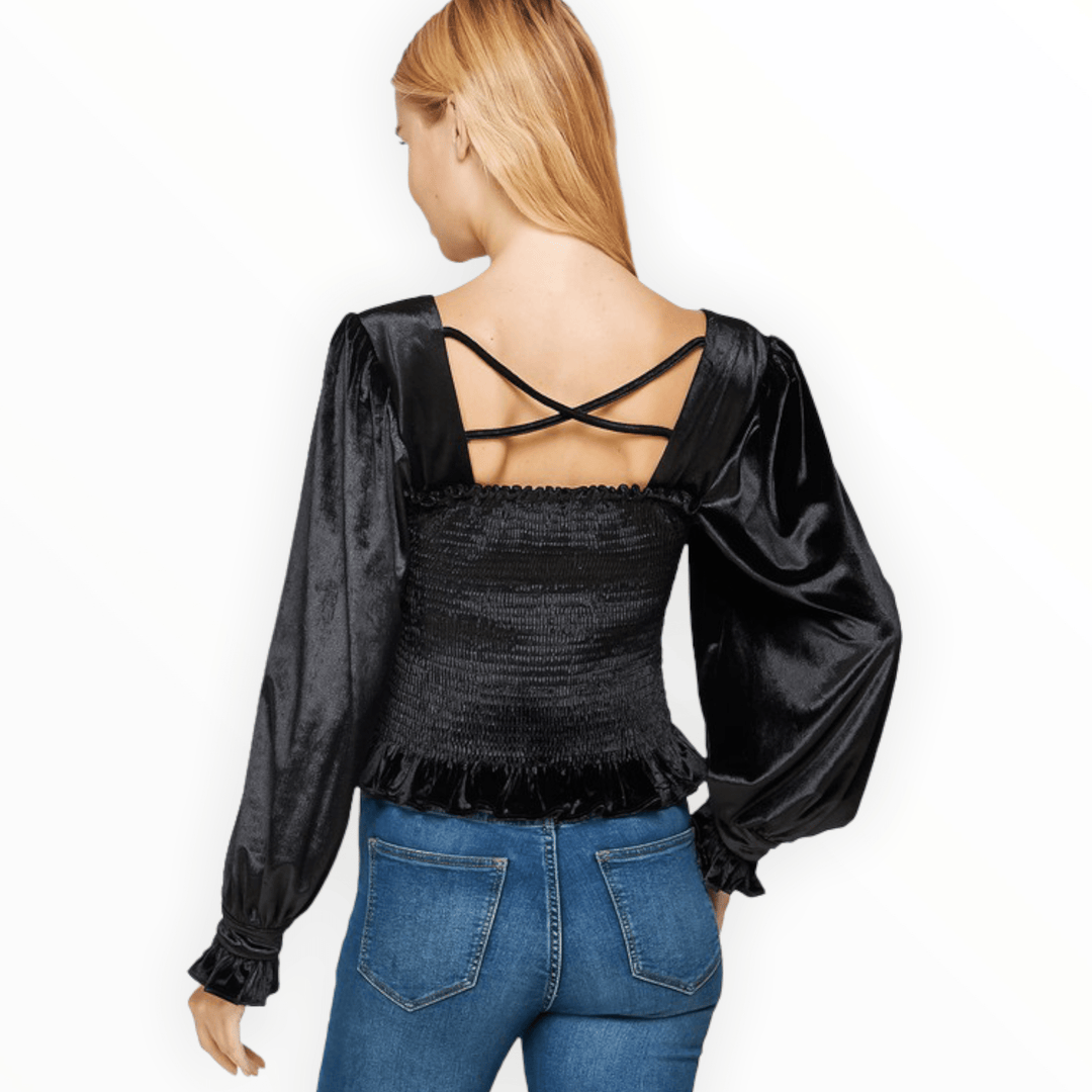 Velvet square neck smocked puff sleeve top