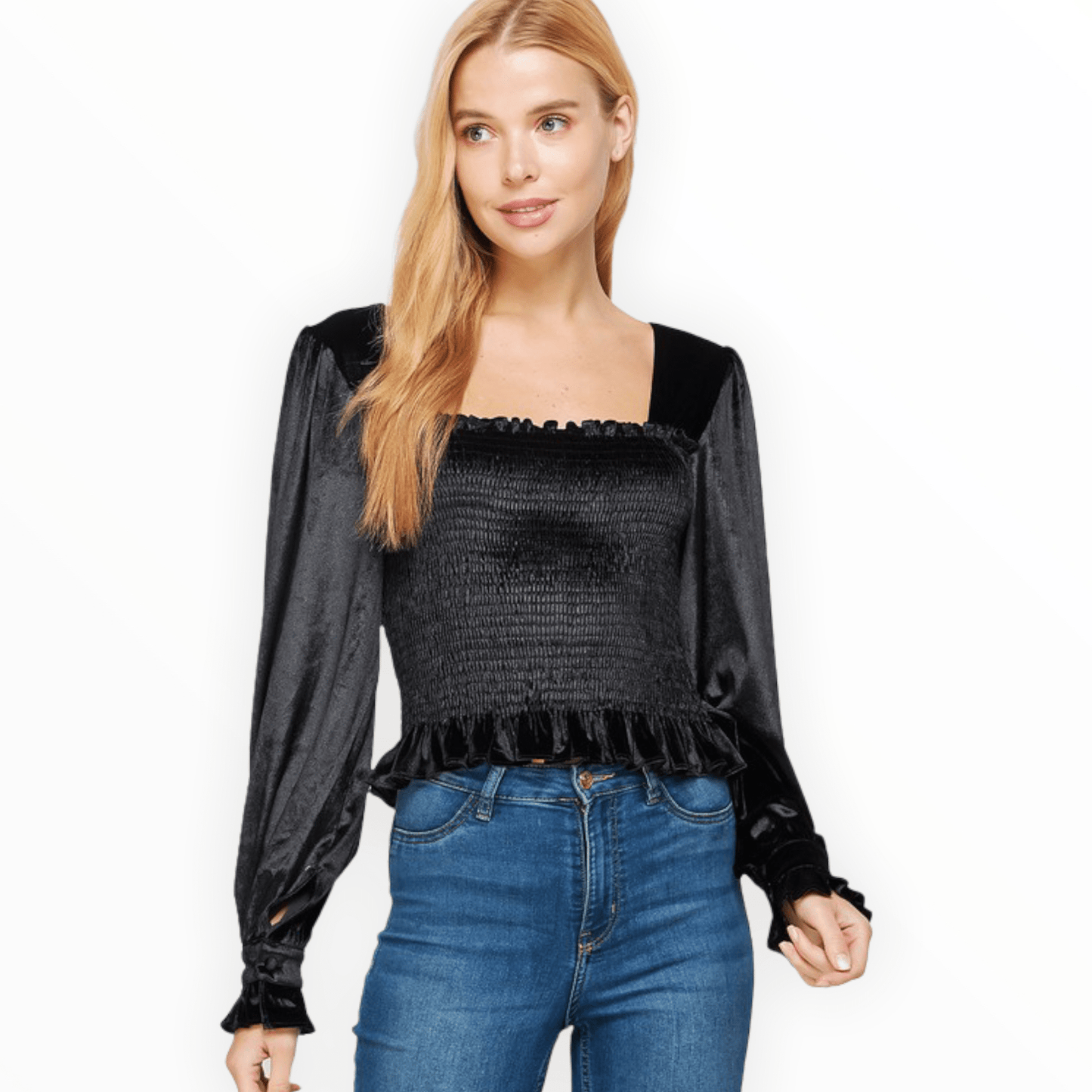 Velvet square neck smocked puff sleeve top