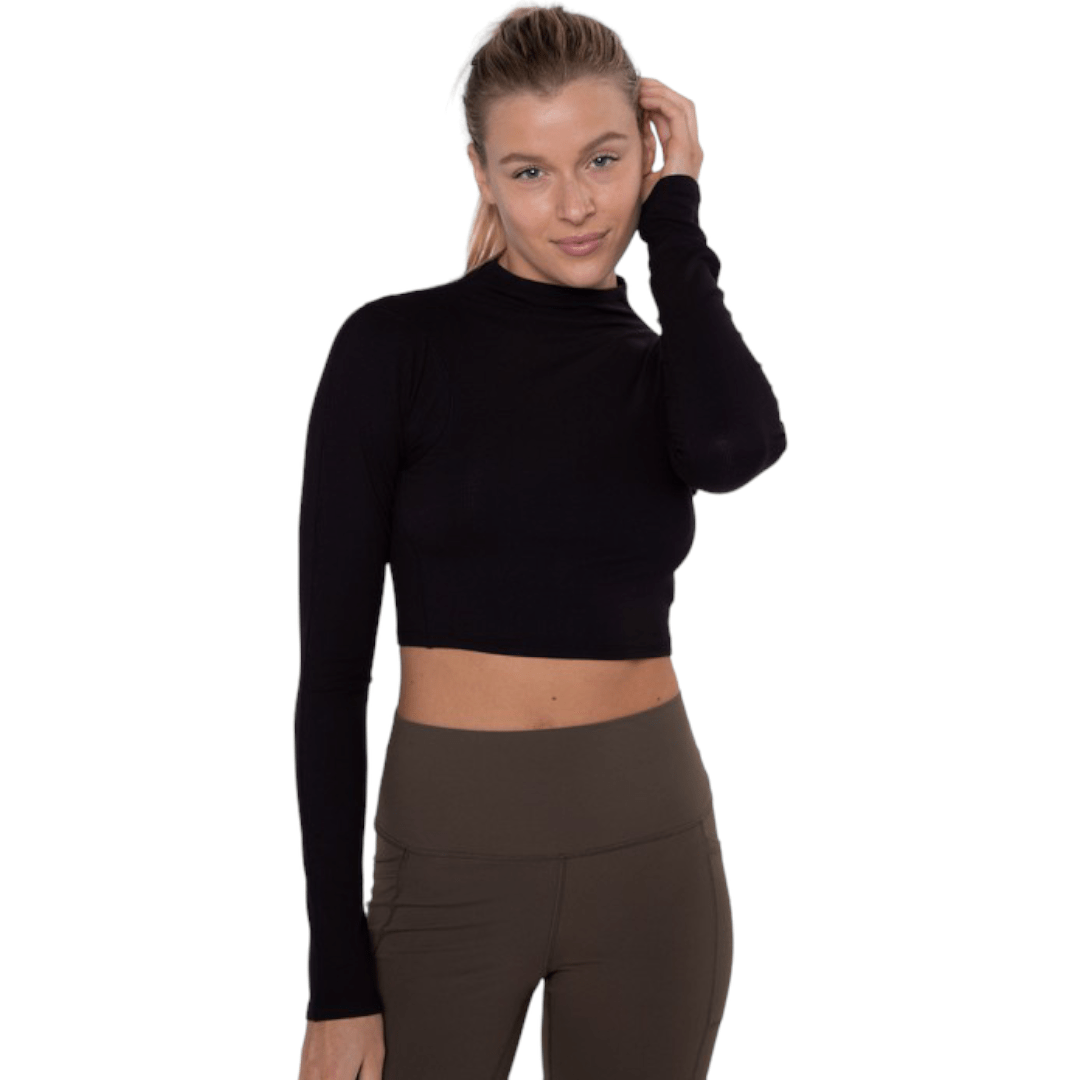 Mock Neck Ribbed Cropped Long Sleeve Top