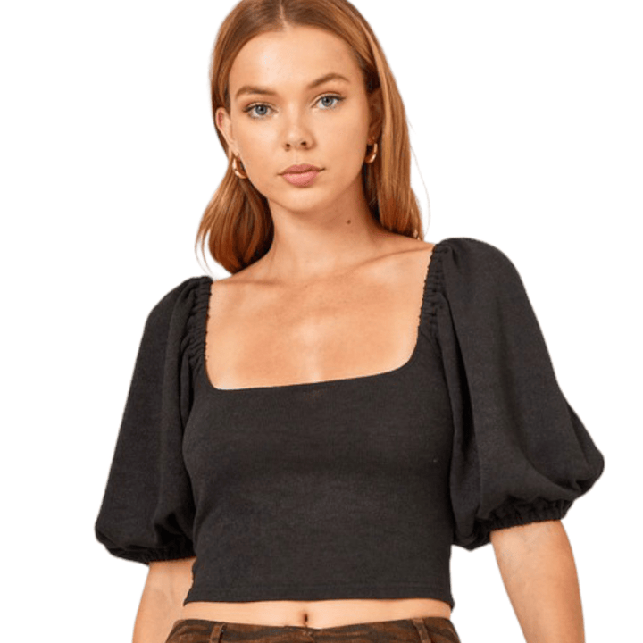 Square Neck Puff Sleeve Knit Top